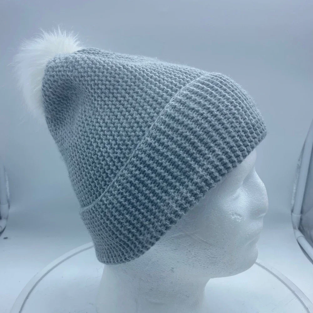 Forever 21 Grey Knit Beanie Hat with White Faux Fur Pom‎ Pom Cuffed Winter Cap